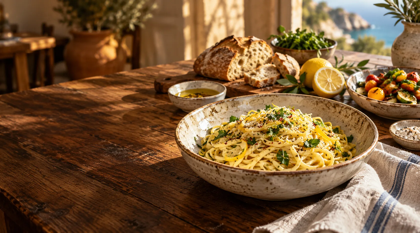 Illustrative restaurant photo of lemon pasta, rustic bread and vegetables on a warm wooden table