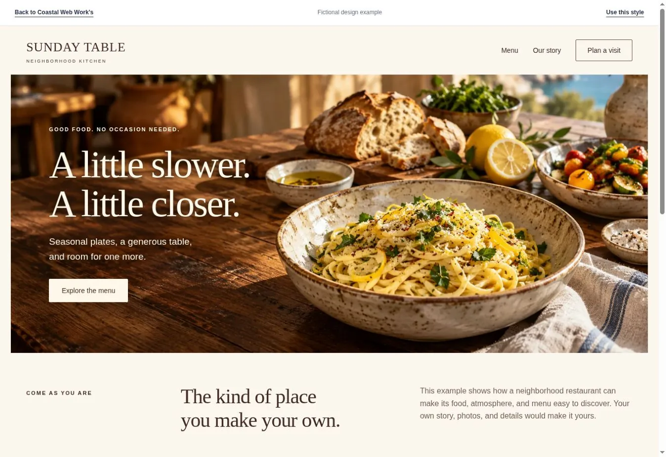Sunday Table restaurant design example with warm food photography and a menu