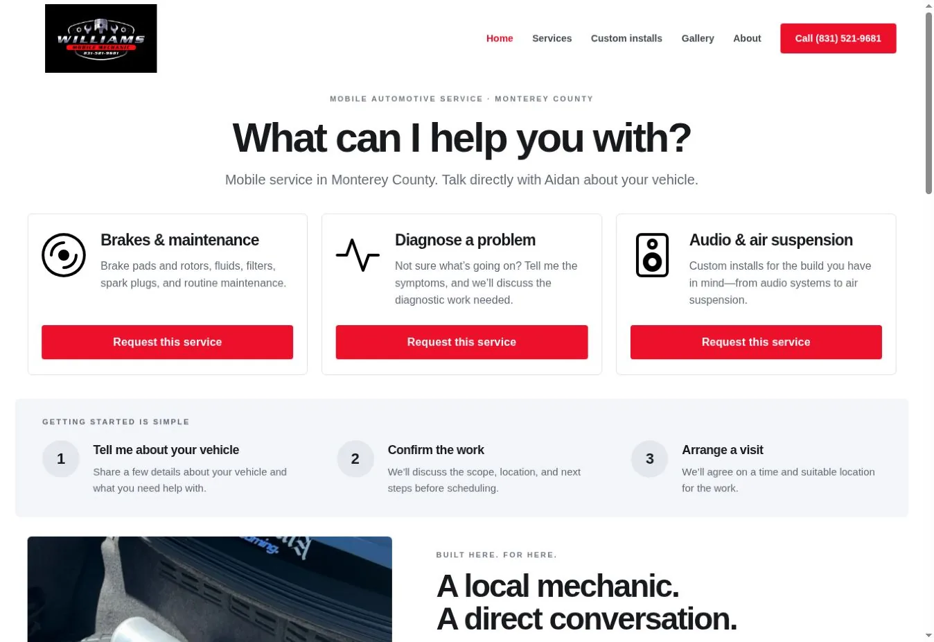 Williams Mobile Mechanic website with service choices for brakes, diagnostics and custom installs